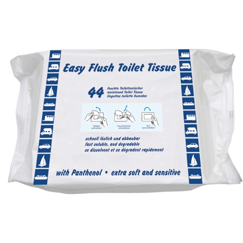Valkoinen paketti, jossa 44 Easy Flush wc-paperia, siniset kuvakkeet, pantenoli, erityisen pehmeä ja herkkä.