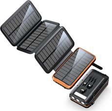 Aurinkokennopowerbank taitettavilla paneeleilla, lamppu ja latausportit ulkokäyttöön.