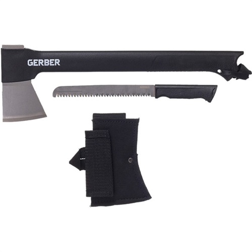 Gerber Gator Combo Axe II pitkävartinen kirves, sahalaitainen saha ja musta tuppi.