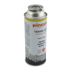 Sylinterimäinen kaasupurkki Pinguin-merkillä, 220g, sisältää propaania, isobutaania, butaania, pistorasiaan.