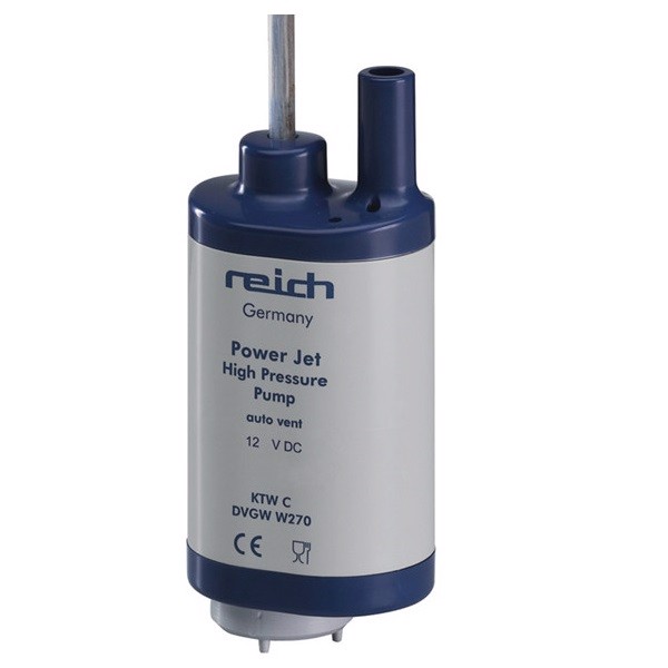 Sylinterimäinen harmaa pumppu "REICH Power Jet High Pressure Pump" "auto vent" ja CE-merkinnällä.