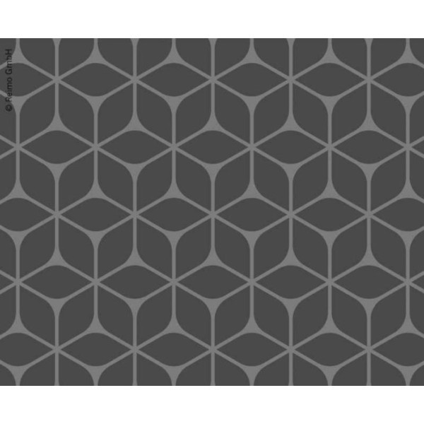 Geometrinen kuvio kaksivärisessä harmaassa, symmetrinen ja toistuva, yhdistetyillä muodoilla.