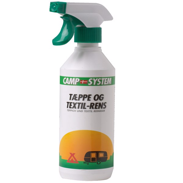 Sumutepullo vihreällä kahvalla, etiketti leirimotiivilla, 500 ml matto- ja tekstiilinpuhdistusaine.