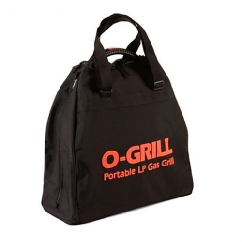 Laukku kannettavalle O-Grill-kaasugrillille, jossa kahva ja vetoketju, merkki "O-GRILL" oranssilla tekstillä.